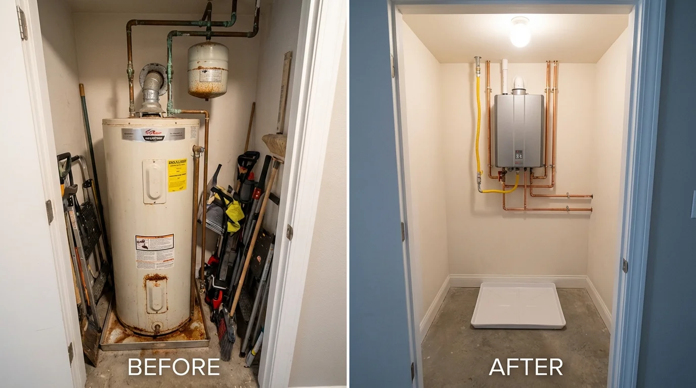 Tank water heater versus wall-mounted tankless unit comparison for Belmont, CA homeowners